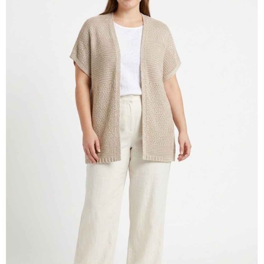 New Coldwater Creek Linen Blend Cardigan 1X Beige Open Front Vacation Coastal